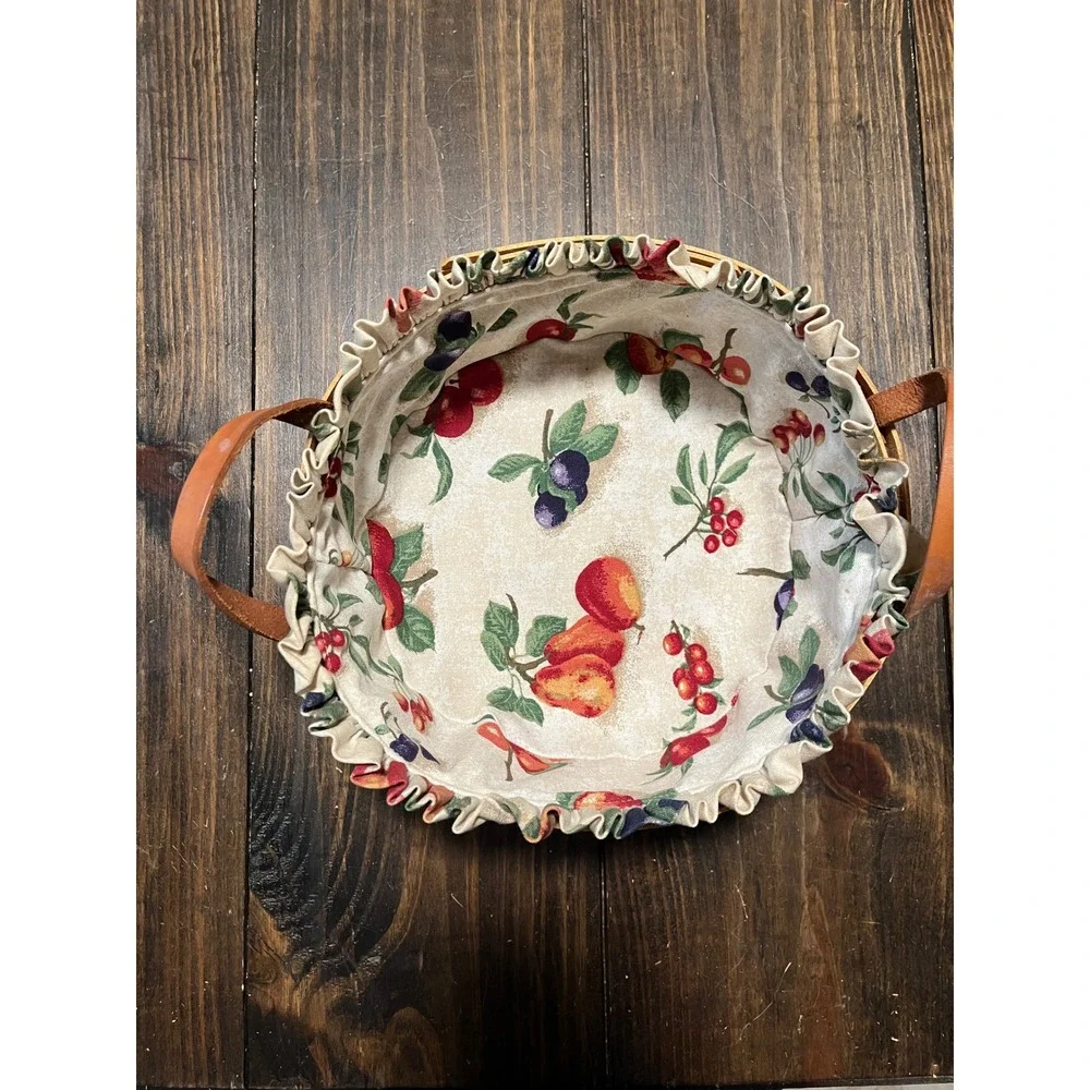 Longaberger Woven Round Basket with Leather Handles and Fruit Pattern Liner